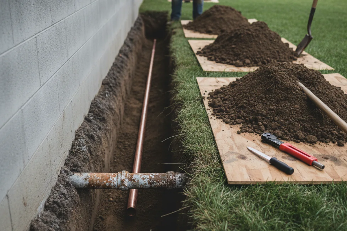 Excavated water line trench during Sewer Line Repair in Coatesville